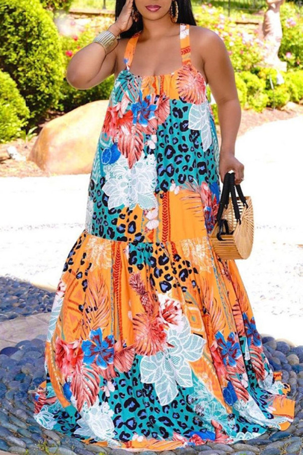 Blue Yellow Sexy Print Patchwork Spaghetti Strap Printed Dress Dresses