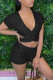 Black Casual Solid Ripped Hollowed Out Patchwork V Neck Short Sleeve Two Pieces