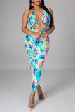 Blue Sexy Print Tie Dye Backless Strap Design Halter Sleeveless Dress