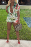 Red Casual Print Patchwork Turndown Collar Short Sleeve Two Pieces