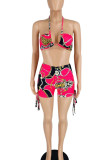 Rose Red Sexy Print Patchwork Frenulum Swimwears
