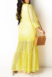 Yellow Fashion Casual Solid Bandage Hollowed Out See-through V Neck Long Sleeve Two Pieces