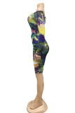 Blue Sexy Print Hollowed Out Off the Shoulder Skinny Rompers