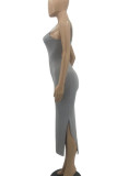 Grey Sexy Solid High Opening Spaghetti Strap Pencil Skirt Dresses