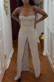 Grey Fashion Sexy Solid Backless Strapless Regular Jumpsuits