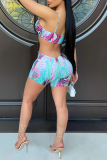 Rose Red Sexy Print Hollowed Out Spaghetti Strap Skinny Rompers