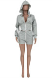 Deep Blue Fashion Casual Solid Hooded Collar Long Sleeve Two Pieces