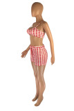 Red Fashion Sexy Plaid Print Backless Spaghetti Strap Sleeveless Two Pieces