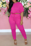 Pink Fashion Casual Solid Bandage O Neck Short Sleeve Two Pieces