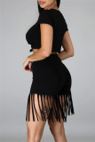 Red Fashion Casual Solid Tassel O Neck Short Sleeve Two Pieces