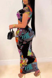 Black Sexy Print Hollowed Out Patchwork U Neck Pencil Skirt Dresses
