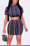 Blue Casual Striped Print Patchwork O Neck Short Sleeve Two Pieces