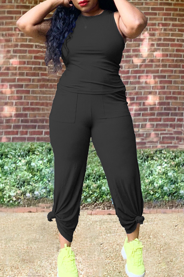 Black Casual Solid Patchwork O Neck Sleeveless Two Pieces