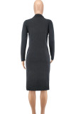 Pink Fashion Casual Solid Slit Turndown Collar Long Sleeve Dresses