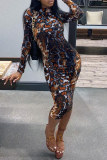 Multicolor Fashion Casual Print Basic O Neck Long Sleeve Dresses
