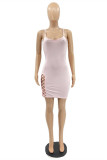 Pink Fashion Sexy Solid Hollowed Out Backless Spaghetti Strap Sleeveless Dress Dresses