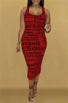 Red Fashion Sexy Print Basic U Neck Sleeveless Dress