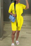 Yellow Fashion Casual Solid Asymmetrical Spaghetti Strap Short Sleeve Two Pieces