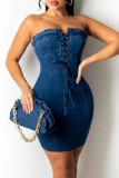 Blue Fashion Sexy Solid Frenulum Backless Strapless Sleeveless Dress