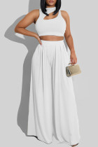 White Fashion Casual Solid Hollowed Out O Neck Sleeveless Two Pieces