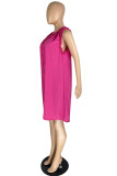 Rose Red Fashion Casual Plus Size Solid Basic V Neck Sleeveless Dress