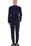 Deep Blue Casual Print Patchwork O Neck Long Sleeve Two Pieces