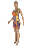 Red Sexy Print Patchwork Spaghetti Strap Pencil Skirt Dresses