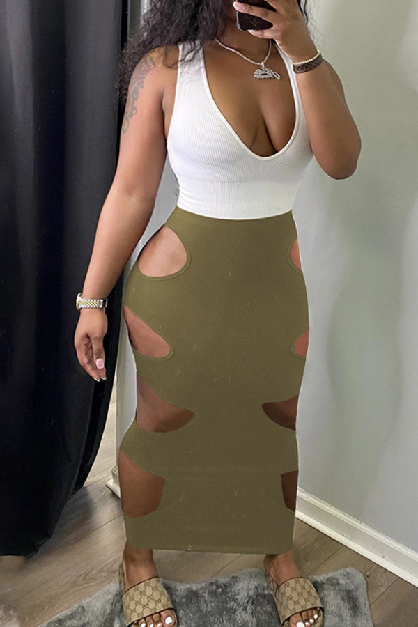 Army Green Sexy Solid Hollowed Out Patchwork V Neck Pencil Skirt Dresses