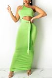 Fluorescent Green Sexy Solid Bandage Hollowed Out Patchwork Oblique Collar Pencil Skirt Dresses