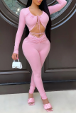 Pink Sexy Solid Patchwork O Neck Long Sleeve Two Pieces