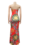 Red Sexy Print High Opening Strapless Trumpet Mermaid Dresses
