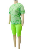 Ink Green Fashion Casual Print Basic O Neck Short Sleeve Two Pieces