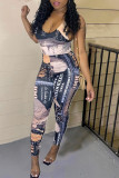 Pink Sexy Print Split Joint U Neck Skinny Jumpsuits