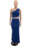 Blue Fashion Sexy Solid Backless One Shoulder Sleeveless Two Pieces (Without Waist Chain)