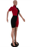 Fuchsia Fashion Casual Patchwork Basic Turtleneck Short Sleeve Two Pieces