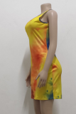 Orange Sexy Print Split Joint O Neck Pencil Skirt Dresses