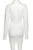 Cream White Sexy Solid Patchwork Turndown Collar Waist Skirt Dresses