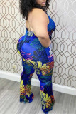 Blue Fashion Sexy Print Backless Halter Plus Size Jumpsuits