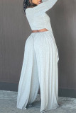 Light Gray Fashion Casual Solid Asymmetrical O Neck Long Sleeve Two Pieces