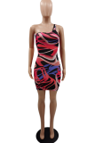 Colour Sexy Print Patchwork One Shoulder Pencil Skirt Dresses
