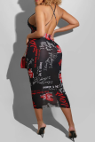 Red Sexy Print Patchwork Spaghetti Strap Pencil Skirt Dresses