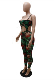 Blue Fashion Sexy Print Hollowed Out Backless Spaghetti Strap Skinny Jumpsuits