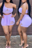 Light Purple Sexy Casual Solid Ripped Bandage One Shoulder Sleeveless Two Pieces