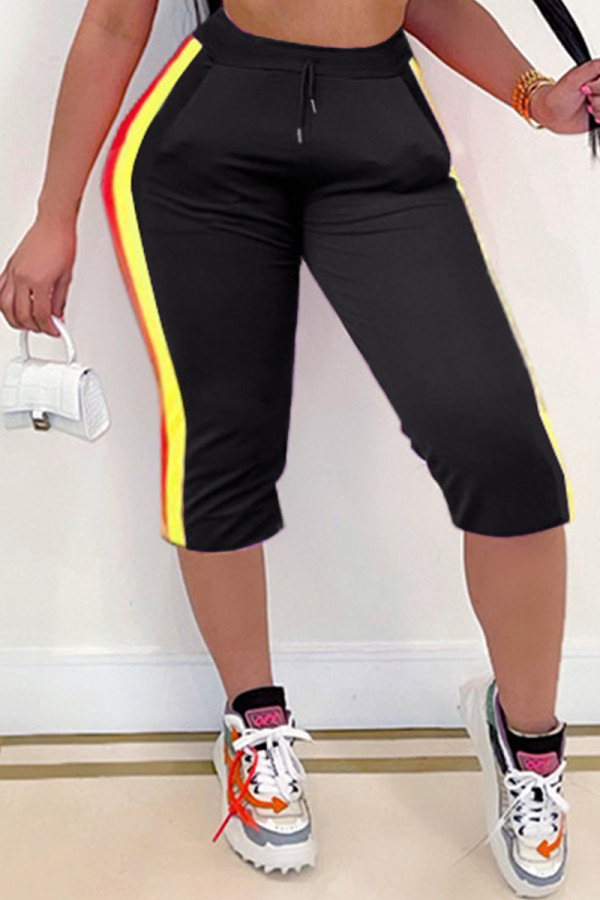 Black Fashion Casual Striped Patchwork Regular Mid Waist Pants