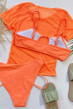 Orange Fashion Sexy Solid Hollowed Out Short Sleeve Swimwears Set