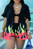 Black Fashion Casual Print Cardigan Turndown Collar Short Sleeve Two Pieces