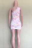 Pink Sexy Print Hollowed Out Backless One Shoulder Sleeveless Dress