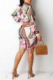 Multicolor Casual Print Patchwork Buckle Turndown Collar Shirt Dress Dresses