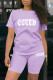 Purple Casual Letter Split Joint O Neck Short Sleeve Two Pieces