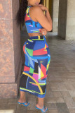 Blue Sexy Print Patchwork Draw String V Neck Sleeveless Two Pieces